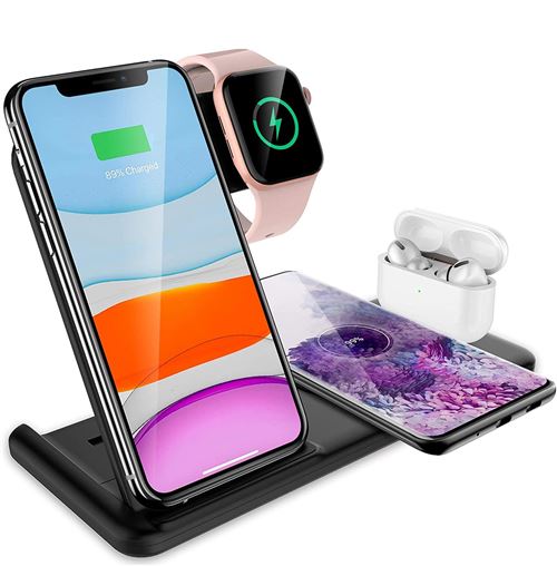 Chargeur Sans Fil 4 en 1, Station de Charge Sans Fil, Support de Charge Rapide 15 W(Noir)-Chronus