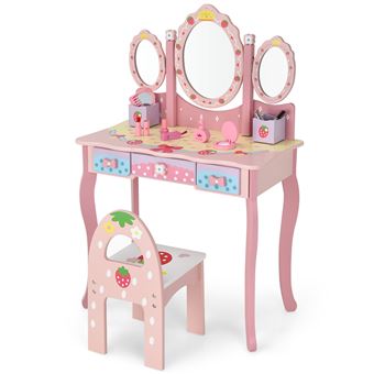 coiffeuse giantex 2 en 1 bureau avec chaise pour enfants miroir pivotants à 90 o amovible 3 tiroirs, 2 boîtes, rose - 1