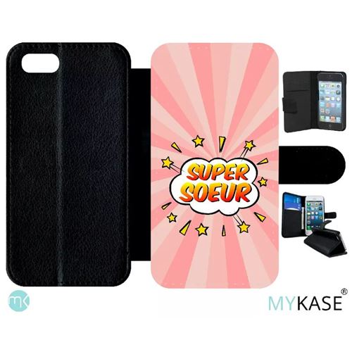 Etui My-Kase pour iPhone Se 2020 - super soeur fond graphique rose - Simili-cuir Noir