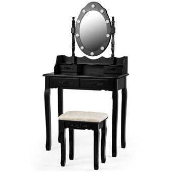 coiffeuse giantex noir avec miroir oval et 10 ampoules led à intensité variable 4 tiroirs de rangement - 1