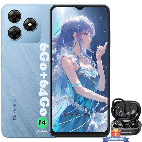 Blackview WAVE 8C Smartphone 6.56 6Go+64Go/2 To 4700mAh Dual SIM Bleu avec Écouteurs Bluetooth Airbuds 60