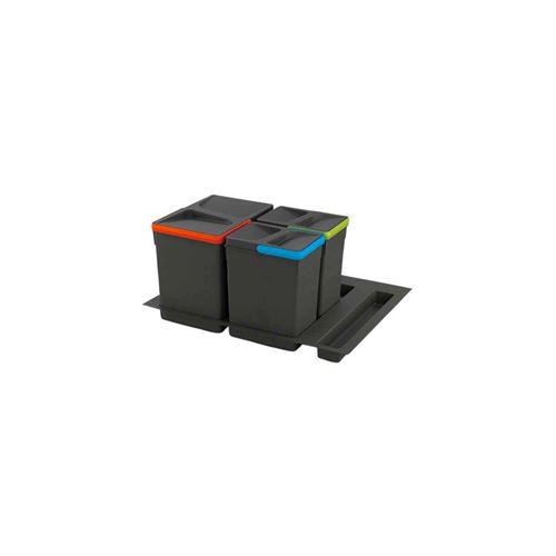 Emuca Kit de poubelles, 15 L + 7 L + 7 L, module 600 mm, Plastique, Gris anthracite, 3 ut. + Base