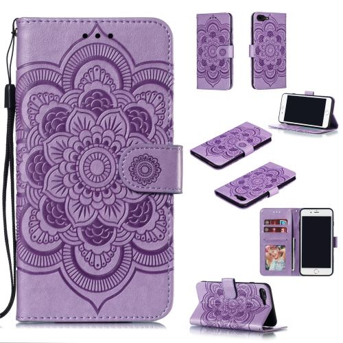 Etui en PU fleur de malanda avec support et sangle violet pour votre Apple iPhone 8 Plus/7 Plus 4.7 pouces