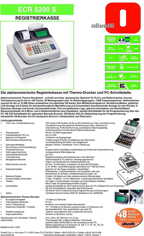 Q-Connect 43782 Caisse Enregistreuse Olivetti Alphanumérique ECR 8200S Écran 8 Lignes Plastique Métallique