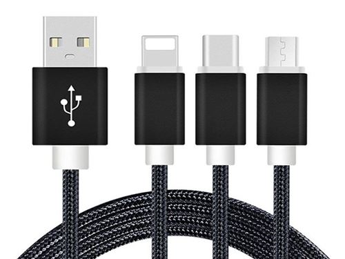 Reekin Chargeur 3 en 1 USB Micro, USB Type-C & Lightning - 1,2 Mètre Noir-Nylon