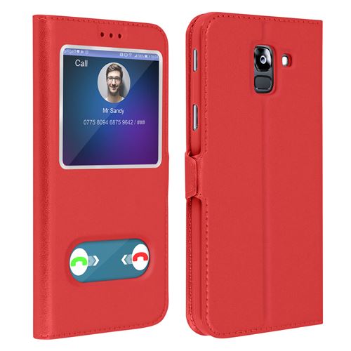 Avizar Etui Samsung Galaxy J6 Housse Folio Double Fenêtre Fonction Support rouge