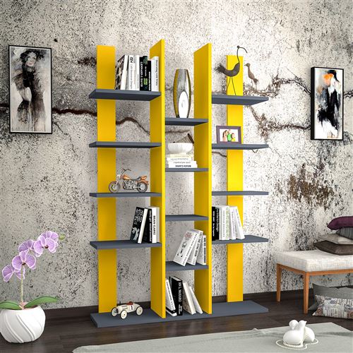 HOMEMANIA Bibliothèque Misu avec Étagères, Meuble de Rangement - pour Salon, Bureau - Jaune, Anthracite en Bois, 98,6 x 22 x 150 cm
