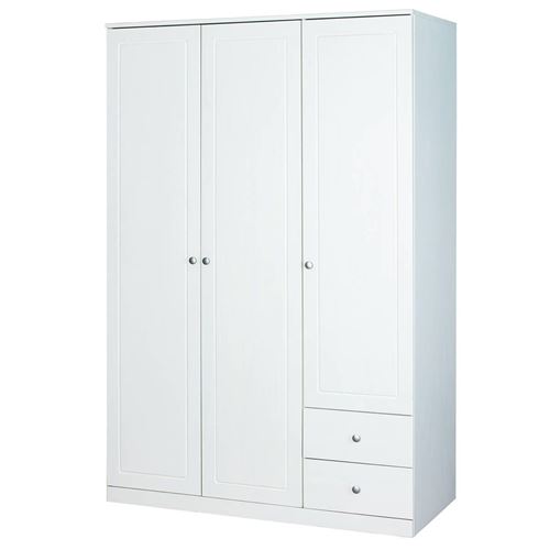 KAROL - Armoire 3 Portes 2 Tiroirs Bois Massif Vernis Blanc