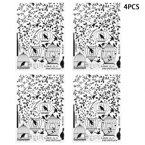Autocollant Mural Oiseau Cage Feuille Décor 4Pcs - Noir
