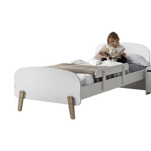 Lit 90x200 cm avec rambarde bois laqu&eacute; blanc et pieds pin clair Kiddy