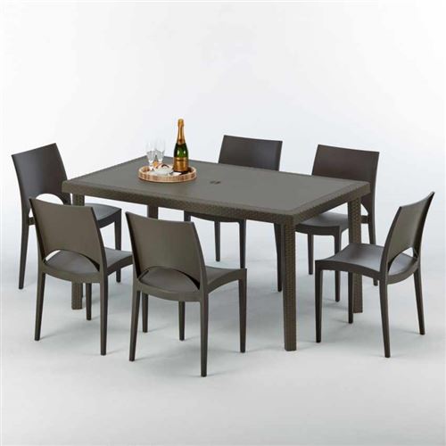 Grand Soleil - Table rectangulaire 6 chaises Poly rotin resine 150x90 marron Focus, Chaises Modèle: Paris Marron Moka