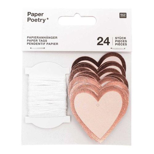24 étiquettes à suspendre coeurs rose à contour brillant - Rico Design
