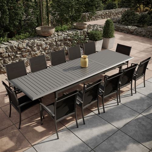 Avril Paris - Table de jardin extensible aluminium 220/320cm + 12 fauteuils empilables textilène Gris Anthracite - ANDRA XL