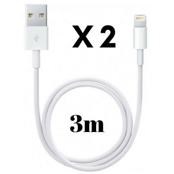 Lot 2 Cables USB Lightning Blanc pour iPhone 11 / 11 PRO / 11 PRO MAX / X / XS / XS MAX / XR / 8 / 8 PLUS / 7 / 7 PLUS / 6 / 6S / 6 PLUS / 6S PLUS / 5 / 5S / SE - Cable Chargeur Mesure 3 Metres [Phonillico®] - 1
