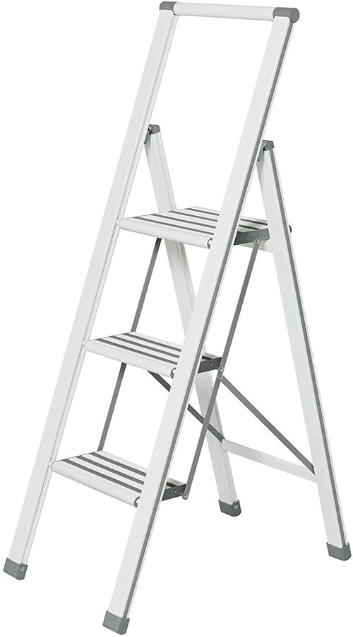 WENKO Escabeau Pliant Design en blanc - 3 Marches, Revêtu d'aluminium, 44 x 127 x 5.5 cm, Blanc