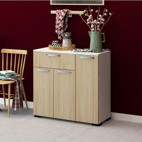 HOMEMANIA Meuble de Rangement Multi-Usages Albino - avec portes, tiroirs, étagère - pour hall, salon, chambre, cuisine - Chêne, Blanc en Bois, 90 x 37 x 85 cm