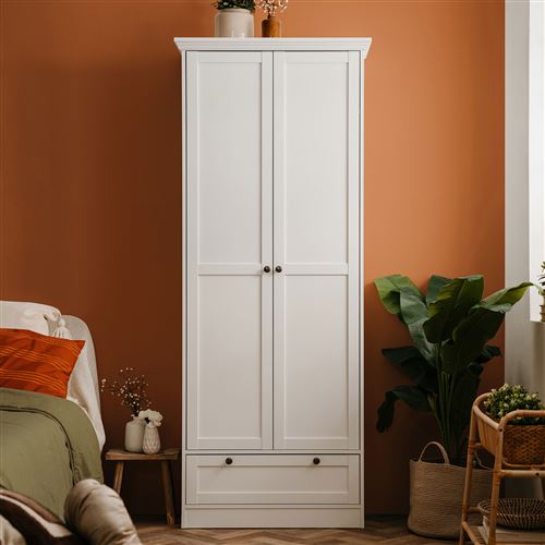 Armoire à chaussures 2 portes 1 tiroir 80x39x200 cm blanc - LANDZY
