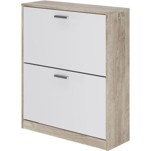 Meuble A Chaussure 2 Portes - Décor Chene Et Blanc - 74x25x88 Cm - Leona