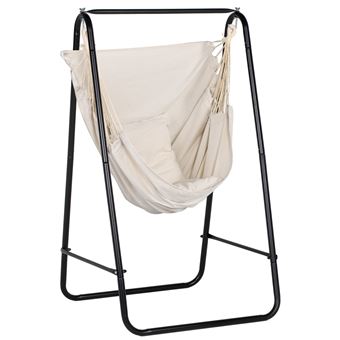 Chaise suspendue de jardin avec support et coussin acier noir coton beige - 1