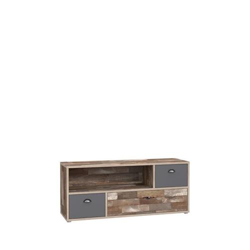 Meuble TV 2 tiroirs, 1 abattant - Decor pin Maringo et gris mat - L 141,8 x P 41,4 x H 59,9 cm - KERLLA
