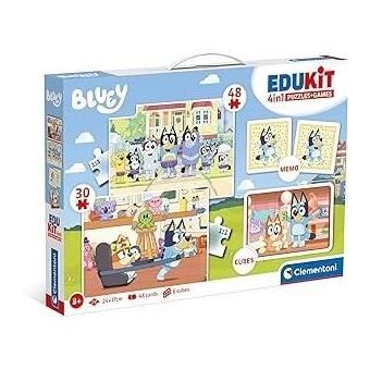 Edukit - Bluey - Coffret apprentissage 4 en 1 - 2 puzzles, 1 mémo, 1 jeu de 6 cubes - Fabriqué en Italie - Dés 4ans - 1