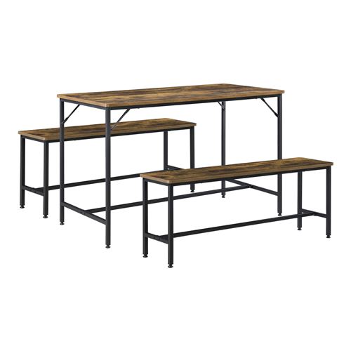 Set de Meubles Design de Salle à Manger Table avec 2 Bancs Places Ensemble pour 4 Personnes Acier Laqué Panneau de Particules Noir Effet Bois Foncé [e