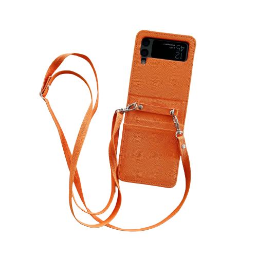 Coque Cuir Compatible Samsung Galaxy Z Flip 4 FONGWAN avec Cordon Lanière et Porte-carte Antichoc - Orange