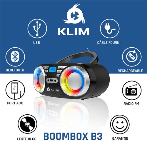 KLIM Boombox Poste Radio CD - Nouveauté 2024 Radio FM, Poste CD Bluetooth,  MP3, USB, AUX - Piles Rechargeable Incluses - Modes Filaire et sans Fil -  Compact et Robuste - Noir : : High-Tech