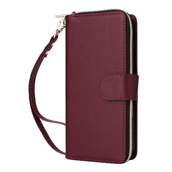 Compatible Avec L'étui De Portefeuille IPhone 16 Pro Max Fermeture Magnétique Sangle De Poignet Poche À Fermeture Éclair Cuir PU 9 Titulaire De La Carte FOXDOCK Rouge - 1