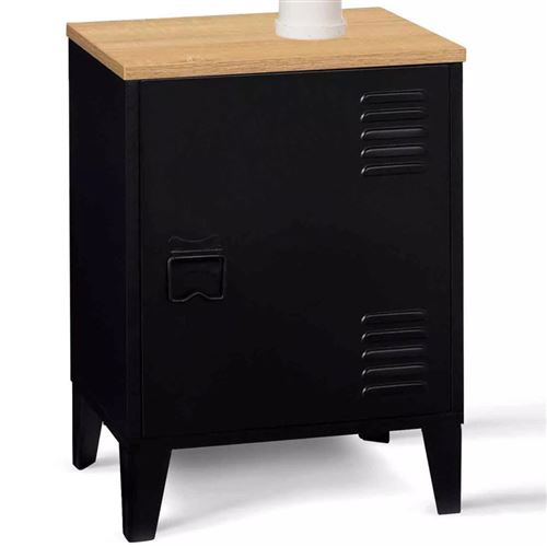 Table de chevet casier porte métal noir et plateau bois