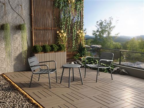Salon de jardin en métal - 2 fauteuils bas empilables et une table d'appoint - Gris foncé - MIRMANDE de MYLIA