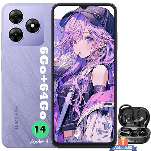 Blackview WAVE 8C Smartphone 6.56 6Go+64Go/2 To 4700mAh Dual SIM Violet avec Écouteurs Bluetooth Airbuds 60