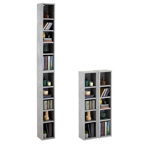 Etagères modulables MUSIQUE pour CD et DVD, lot de 2 meubles de rangement en colonne avec 10 compartiments, en mélaminé décor béton