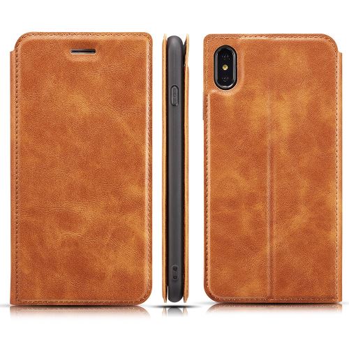 Etui en PU bascule ultra-mince avec fentes pour cartes marron pour votre Apple iPhone XS Max