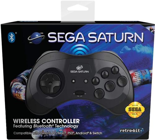 Retrobit - Sega Saturn Manette 8 Boutons Sans Fil Bluetooth - Compatible Switch/Pc/Mac/Steam/Raspberry Pi/Android/Ps3 - Edition Noir