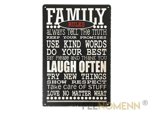 plaque métal déco vintage - family rules (20x30cm)