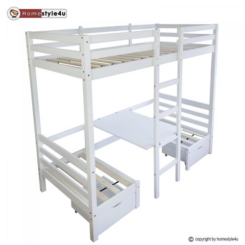 Lit enfant mezzanine superpos blanc 90x200 pin massif bureau