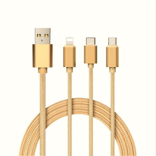 Cable 3 en 1 Pour ALCATEL 3C Android, & Type C Adaptateur Micro USB Lightning 1,5m Metal Nylon (OR)