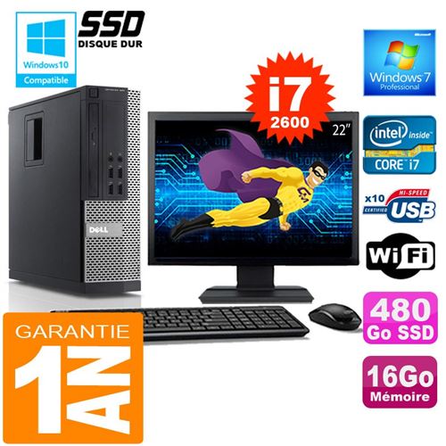 Pc dell 990 sff core i7-2600 ram 16go disque 480 go ssd wifi w7 ecran 22'