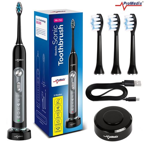 Promedix pr-750 b brosse à dents ipx7 noir étui de transport 5 modes minuterie 3 niveaux de puissance 3 bouts de brosse (noir)