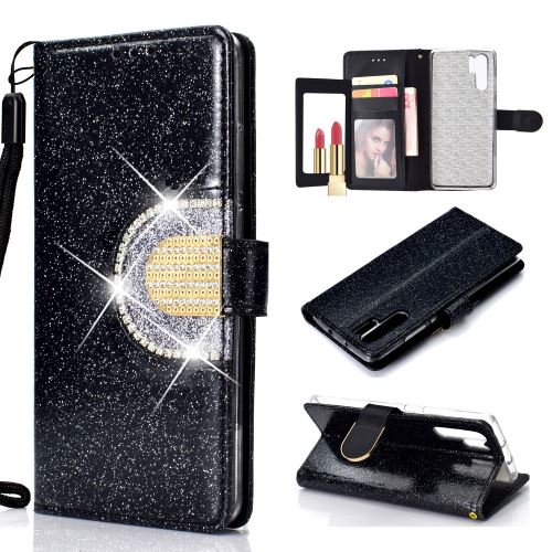 Etui en PU décor strass scintillant avec miroir noir pour votre Huawei P30 Pro