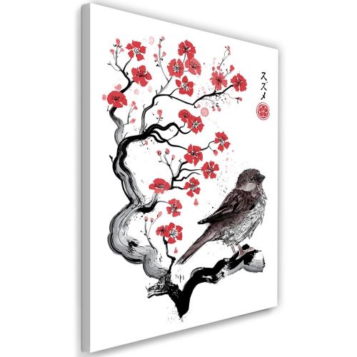 Feeby Tableau sur toile Déco moderne Image, Moineau sur ceriser japonais 70x100 cm