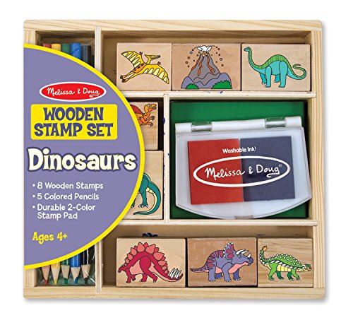 Melissa Doug Jeu de Tampons en Bois Dinosaures - 8 Tampons, 5 Crayons de Couleur, Tampon encreur Bicolore