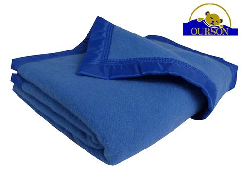 Couverture pure laine woolmark ourson 350 gr bleu 180x220