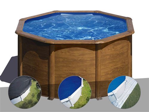 Kit piscine acier aspect bois Gré Pacific ronde 2,60 x 1,22 m + Bâche d'hivernage + Bâche à bulles + Tapis de sol