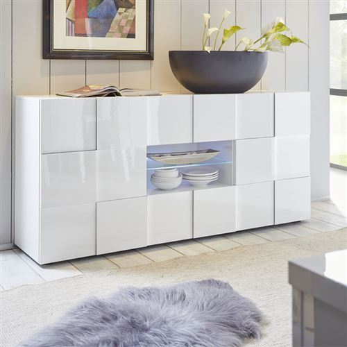 Buffet 2 portes 2 tiroirs Laqué Blanc brillant LED's - TICATO
