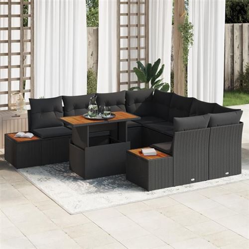 Vidaxl Noir Ensemble De Salle À Manger De Jardin 9 Pièces Avec Coussins En Rattan Poly Acacia 3350055 - Image 2