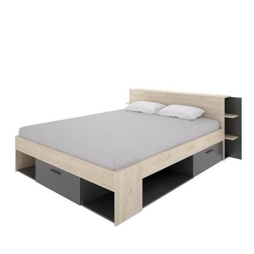 Sax Lit Adulte - 160x200 Cm - 3 Tiroirs + Tete De Lit Avec Rangement - Décor Chene Et Gris