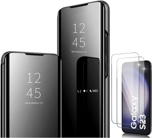 Coque Folio Rabat Miroir Pour Samsung Galaxy S23 Couleur Noir + 2 Verres Trempe Protection Ecran Little Boutik©