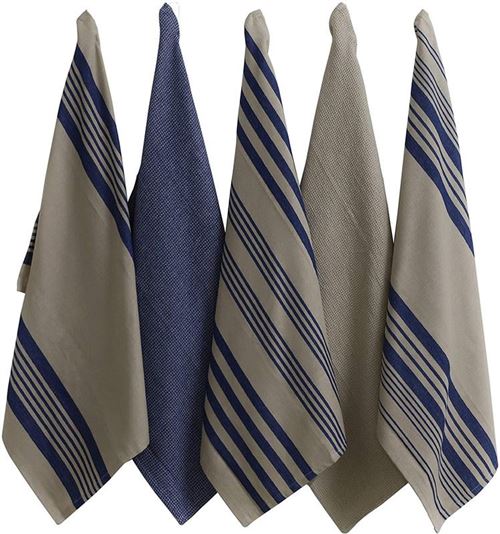 Penguin Home® Torchons 100 % coton - Set de 5 Chambray, Rayures, Taupe & Blue - Doux - Durable - Élégant et super absorbant - Lavable en machine - 50 x 70 cm, 3706